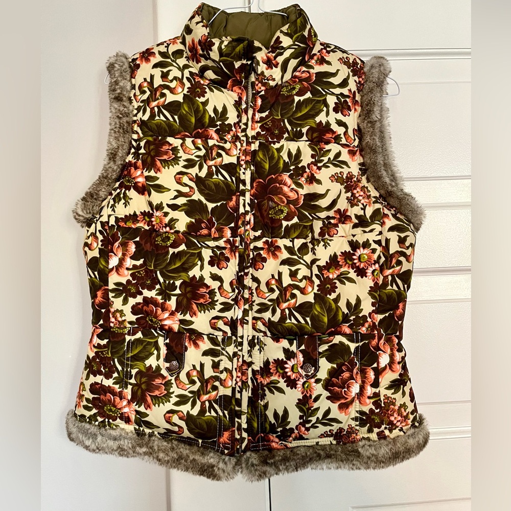 NWT Oilily Reversible Fur Trimmed Floral Puffy Vest size 38